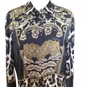 Just Cavalli Woman Black and Gold Silk Leopard Baroque Print Blouse.